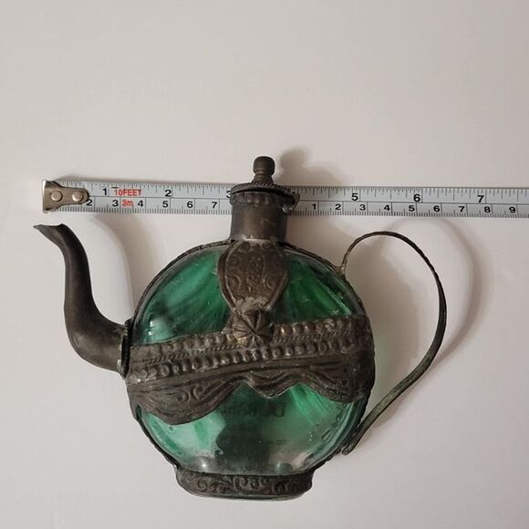 Vintage Emerald Green Glass Decanter Bottle with Ornate Aluminum Holder Teapot - Picture 8 of 9